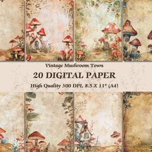 Carta digitale con design caldo della città dei funghi l Sfondo stampabile per la carta da parati con atmosfera primaverile l Arte della parete con paesaggio naturale, diario di scrapbooking