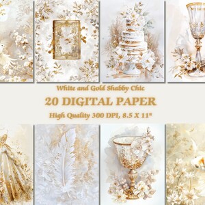 Luxus Weiß und Gold Farbe Digitales Shabby Chic Papier l Druckbare Romantische Atmosphäre Aquarell Design l Verträumte Stimmungsvolle Tapete Download