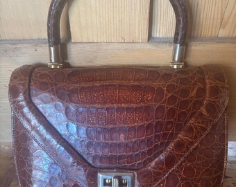 Vintage mock-crocodile skin leather handbag