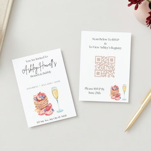 Zaproszenie na Brunch and Bubbly Bridal Shower. Prosty i elegancki projekt z naleśnikami, owocami i kieliszkiem szampana. Szablon do pobrania cyfrowego