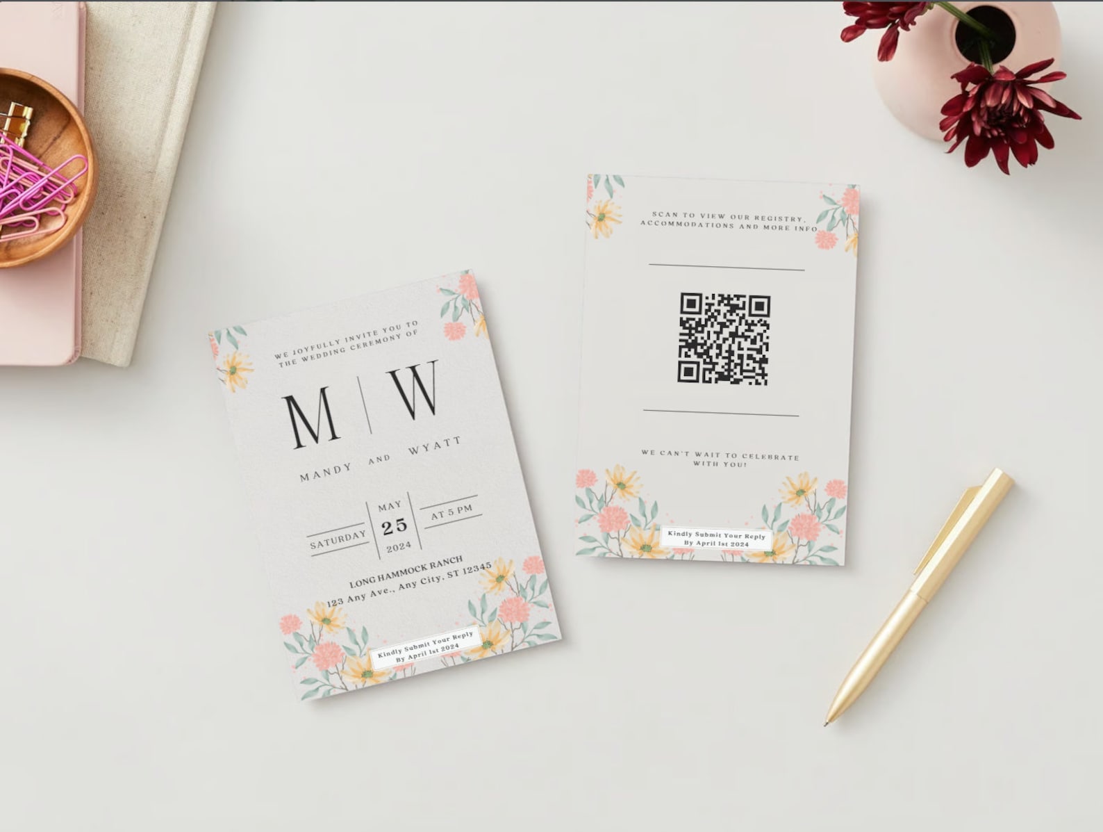 Floral Pastel Wedding Invitation. Floral Boarder, QR Code, Rustic Fonts ...