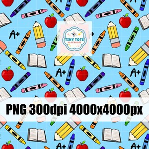 May include: A seamless pattern featuring a blue background with colorful crayons, pencils, books, apples, and the text "A+" and "Tiny Tots Playhouse".