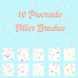Puede incluir: Fondo azul claro con el texto "10 Procreate Filler Brushes" en rosa. Debajo, diez cuadrados blancos, cada uno con un patrón diferente de estrellas, corazones y puntos de colores.