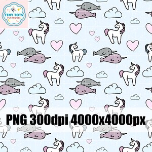 Unicorn Wishes and Narwal Kisses - handgetekend naadloos png-patroon - pastelkleurige wolken, harten en suikerspin kleurenschema