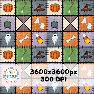 May include: A Halloween-themed patchwork design featuring pumpkins, witch hats, ghosts, cauldrons, bones, candy corn, and brooms. The design is in a grid pattern with a variety of colors and textures. The image includes the text "3600x3600px 300 DPI".