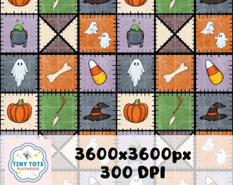 Spooky Halloween Quilt Seamless Pattern | Digital Halloween Fabric | Cute Patchwork Halloween | Pumpkin, Ghost, Witch PNG