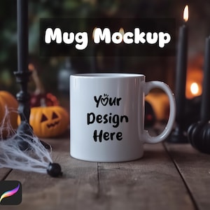 Spooky Mug Mockup – Candles, Pumpkins & Cobwebs – Layered for Procreate and Photoshop