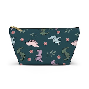 Pouch, Floral Dinosaur Accessory Bag, T-bottom Makeup Case, Cute Reptile Print, Gift for Dino Lover, Zippered Pencil Holder