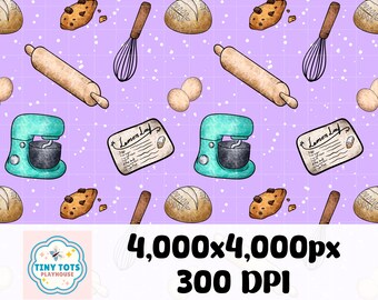 Watercolor Bakery Seamless Pattern | Cute Baking Utensils with Mixer, Sourdough, Cookies | 4000x4000px PNG | Digital Paper Download