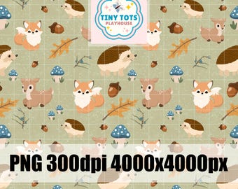 Enchanted Grove Woodland Seamless Pattern – Forest Animals Digital Paper, Fall Sublimation PNG for Can Wraps & Crafts 300 DPI