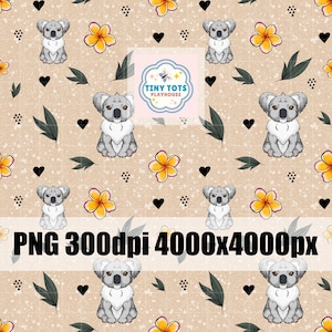 May include: A seamless pattern featuring cute gray koalas, yellow flowers, and green leaves on a beige background. The pattern also includes black hearts and triangles. The text "Tiny Tots Playhouse" is in a white circle with a blue butterfly.