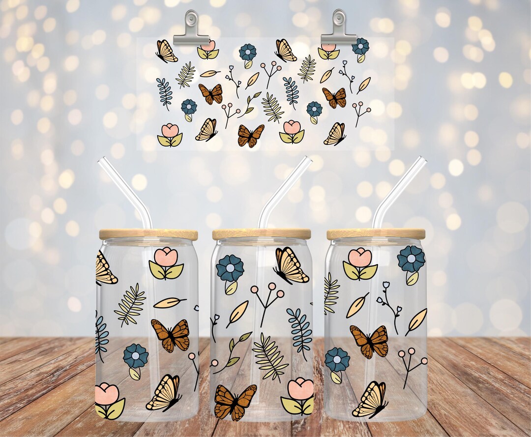 Butterfly Garden 16oz Can Glass Wrap PNG | Digital Download | Boho ...