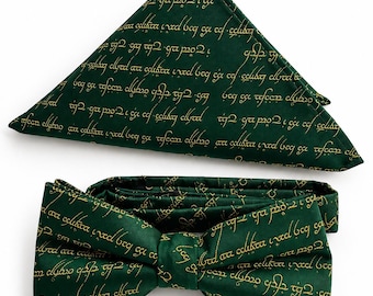 Pajarita con escritura élfica en verde y dorado, accesorio de boda de fantasía