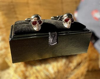 Skull Cufflinks: Metal Halloween Themed Cufflinks with Red Details
