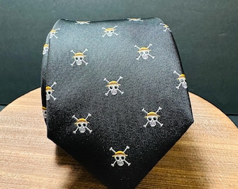 Anime-Inspired Embroidered Straw Hat Tie, Unique Groom Accessory, pirate skull, gamer Gift, Adventure inspired necktie, Black geek necktie