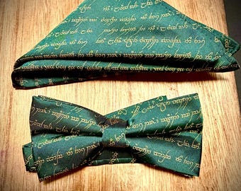 Elvish Script Bow Tie Green & Gold Fantasy Wedding Accessory