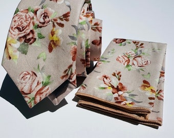 Floral Rose Men's Tie: Earth Tone Wedding Necktie
