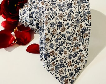 Blue Floral Print Tie: Modern Skinny Wedding Tie