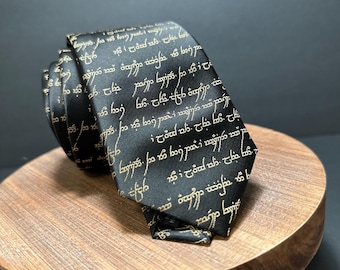 Elvish Script Black and Gold Tie: Themed Wedding Groom Accessory