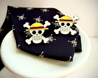 Anime Inspired Tie and Pin Set, Skull Pattern Tie with Matching Enamel Pin, Unique Gift for Him, Wedding Tie Set, Statement Accessories