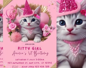 Bearbeitbares Kawaii Kätzchen Kindergeburtstagseinladung Rosa Geburtstags-Einladung Personalisierte Digitale Einladung Druckbare Einladung Süßer Rosa Geburtstag