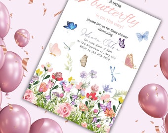Butterfly Baby Shower Invitation, Purple Butterfly Invitation Template, Butterfly Baby Shower Invitation Girl, Butterflies and Flowers Pink