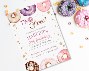 Two Sweet Birthday Invitation Template, Two Sweet Invite Girl, Printable 2nd Birthday Invitation Donuts 2nd Birthday Girls Donut Invitation,
