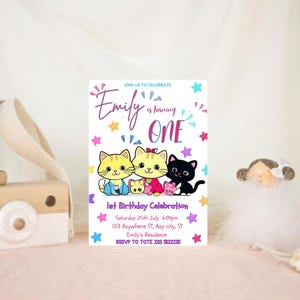 Digital Editable Kawaii Cat Invitation Template, Digital Editable Kitty and Friends Invitation Canva File Template, Instant Download