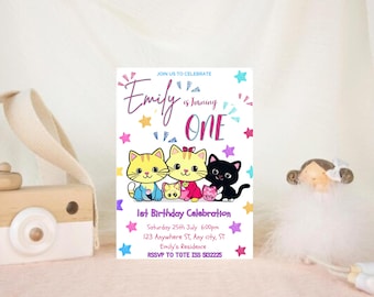 Digital bearbeitbare Kawaii-Katzeneinladungsvorlage, digital bearbeitbare Kitty und Freunde-Einladung Canva-Dateivorlage, sofortiger Download
