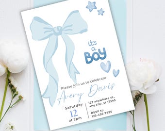 May include: A baby shower invitation with a blue watercolor bow, stars, and hearts. The text reads "it's a boy" and includes the names Avery Davis, the date and time of the event, and RSVP information.