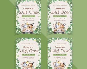 Wild One Birthday Invitation Boy Wild One Invitation Printable, , Safari Animals Invitation Jungle 1st Birthday Safari Wild One Party Invite