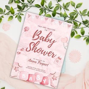 Pink Blossoms Baby Shower Invitation, Pink Bow Baby Shower Invitation Template Printable, Baby Girl, Pink Coquette Baby Shower Invite