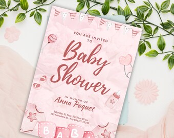 Pink Blossoms Baby Shower Invitation, Pink Bow Baby Shower Invitation Template Printable, Baby Girl, Pink Coquette Baby Shower Invite