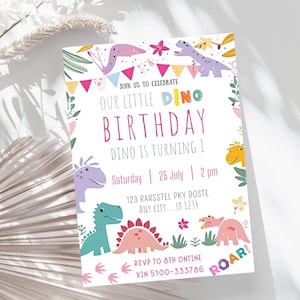 Pastel Dinosaur Birthday Invitation Girl Three Rex Party Editable Invite Cute Dino Pink Template Printable DG24