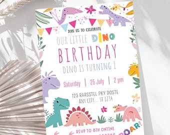 Pastel Dinosaur Birthday Invitation Girl Three Rex Party Editable Invite Cute Dino Pink Template Printable DG24
