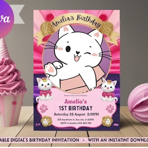 Kitten Birthday Invitation, Editable Birthday Invitation, Pink Girls Birthday Invitation, Cute Kitty Digital Invite, Download Canva Template