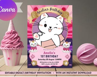 Kätzchen Geburtstagseinladung, bearbeitbare Geburtstagseinladung, rosa Mädchen Geburtstagseinladung, süße Katze Digital einladen, Download Canva Vorlage