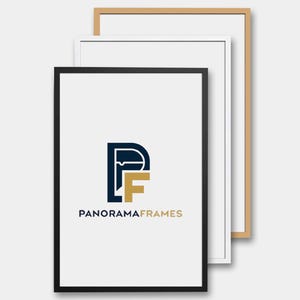 May include: Three picture frames, one black, one white and one natural wood, are stacked on top of each other. The black frame has the text "PANORAMAFRAMES" and a stylised "PF" logo in blue and gold.