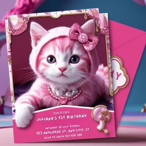 Digital Editable Kawaii Cat Invitation Template, Digital Editable Kitty and Friends Invitation 1st Birthday Template, Instant Download