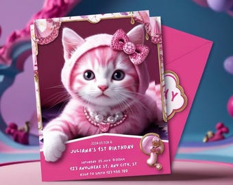 Digital bearbeitbare Kawaii-Katzeneinladungsvorlage, digital bearbeitbare Kitty und Freunde-Einladung 1. Geburtstagsvorlage, sofortiger Download