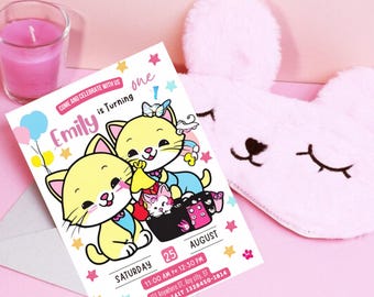 Kätzchen Geburtstagseinladung, bearbeitbare Geburtstagseinladung, rosa Mädchen Geburtstagseinladung, süße Katze Digital einladen, Download Canva Vorlage