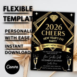 Convite para festa de Ano Novo, modelo editável dourado, convite para festa de Ano Novo para imprimir, download instantâneo, Goldie