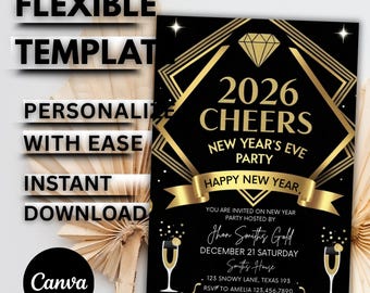 New Year's Eve Party Invitation Template, Editable Gold NYE Invitation, Printable New Year's Party Invite, Instant Download, Goldie