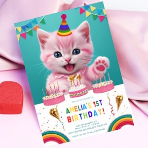 Digital Editable Kawaii Cat Invitation Template, Instant Download, Digital Editable Kitty and Friends Invitation Canva File Template