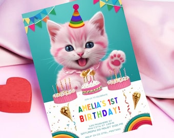 Digital bearbeitbare Kawaii-Katzeneinladungsvorlage, sofortiger Download, digital bearbeitbare Kätzchen- und Freundeeinladung Canva-Dateivorlage