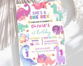 Pastel Dinosaur Birthday Invitation Girl 1st First Birthday Party Invite Cute Dino Jungle Animals Wild Stomp Chomp Roar RAWR EDITABLE BT98