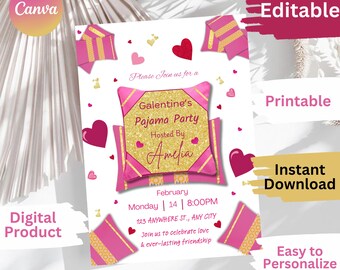 Valentine's Pajama Party Invitation Templates Galentine's Pajama Party Invite Valentines Day,  instant download, girls night