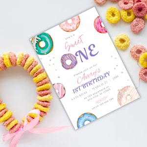 Sweet One Birthday Invitation, She&#39;s a Sweet One 1st Birthday Invitation Pink Donut Birthday Invite Printable 1st Birthday Girl Invitation,