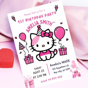 Convite digital de aniversário com tema de gatinho, download instantâneo, convite de aniversário fofo de gatinho personalizado, cartão de aniversário editável para meninas