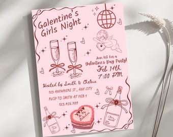 Galentine's Day Invite, Editable Girls Night Party Template, Doodle Hand Drawn Cupid Coquette Valentine's Celebration, Slumber Pajama Party